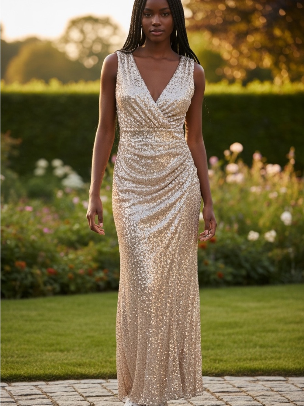 Badgley Mischka Gold Sequin V-Neck Maxi Gown